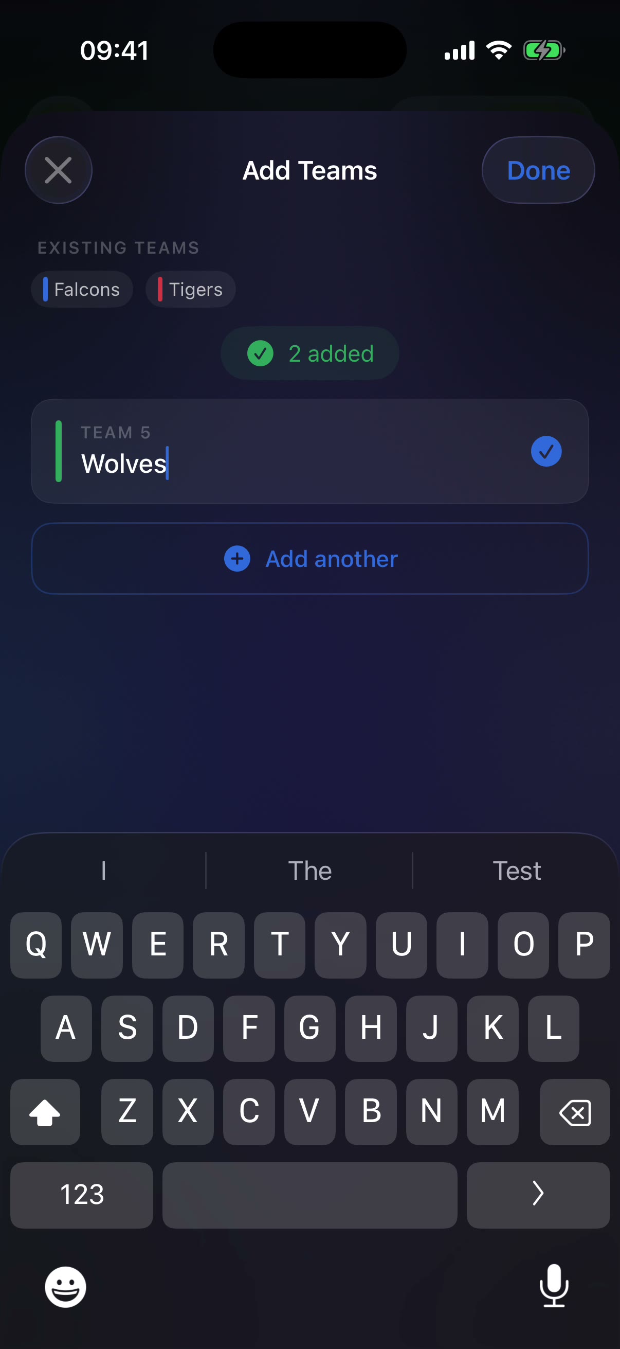 Add Teams sheet with team chips and keyboard