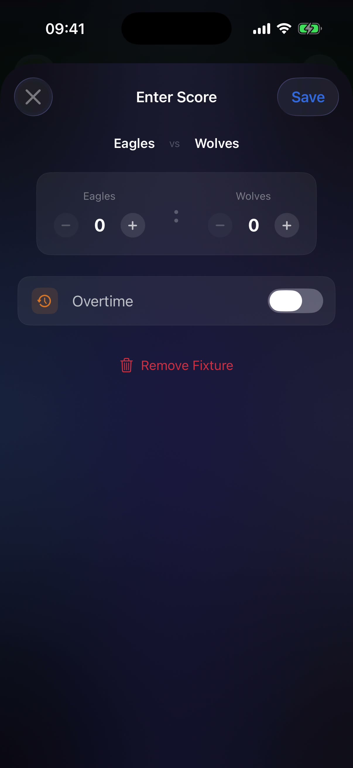Enter Score sheet with steppers and overtime toggle