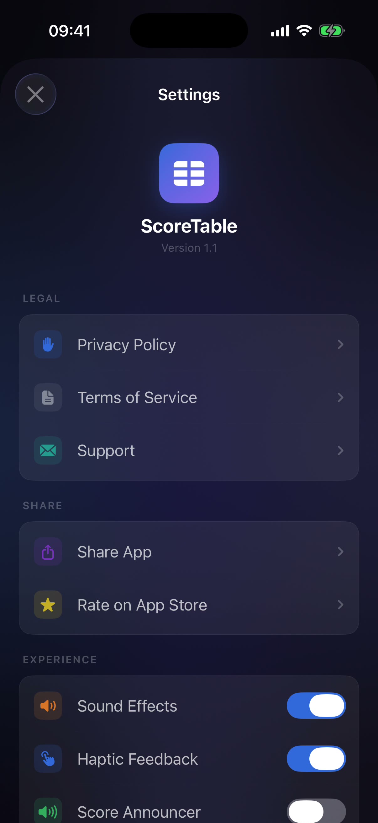 Settings screen with share, experience toggles and theme picker